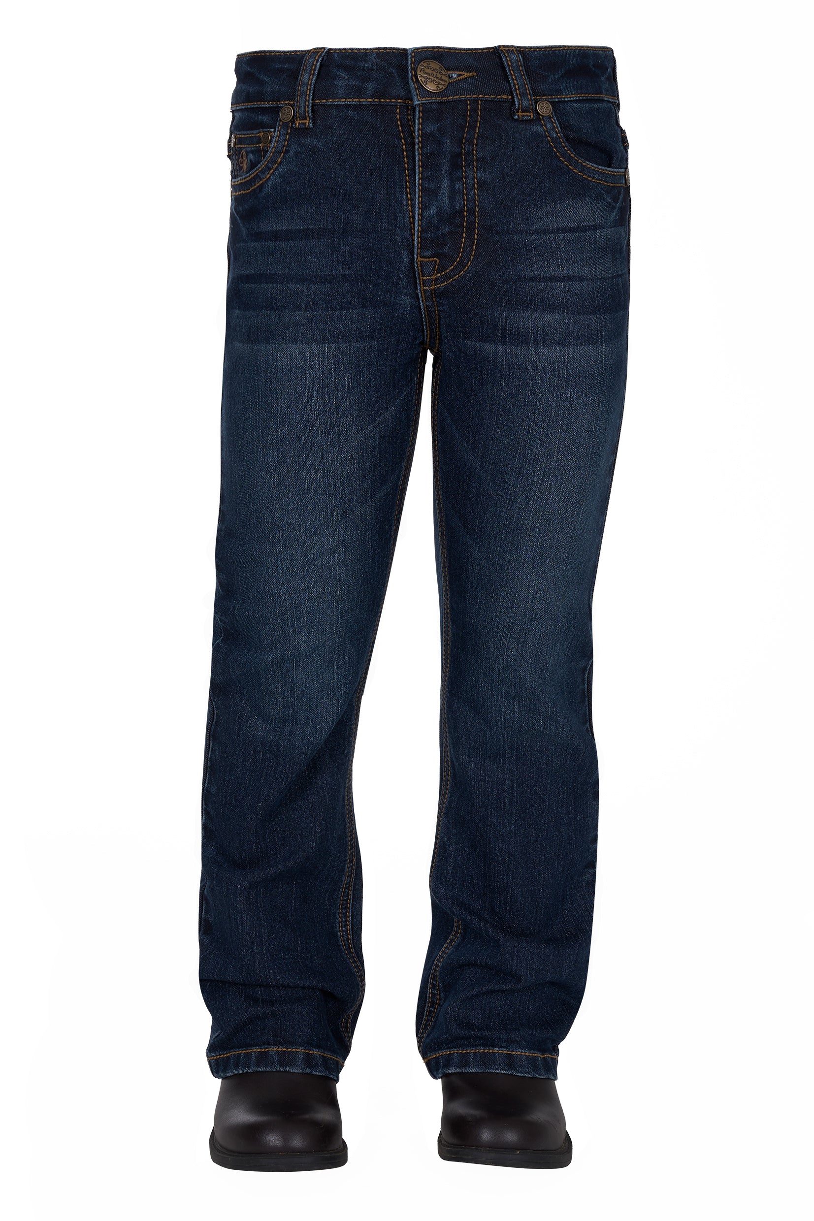 Pure Western Girl's Sam Boot Cut Jean. Dark blue jeans worn by a person on a white background