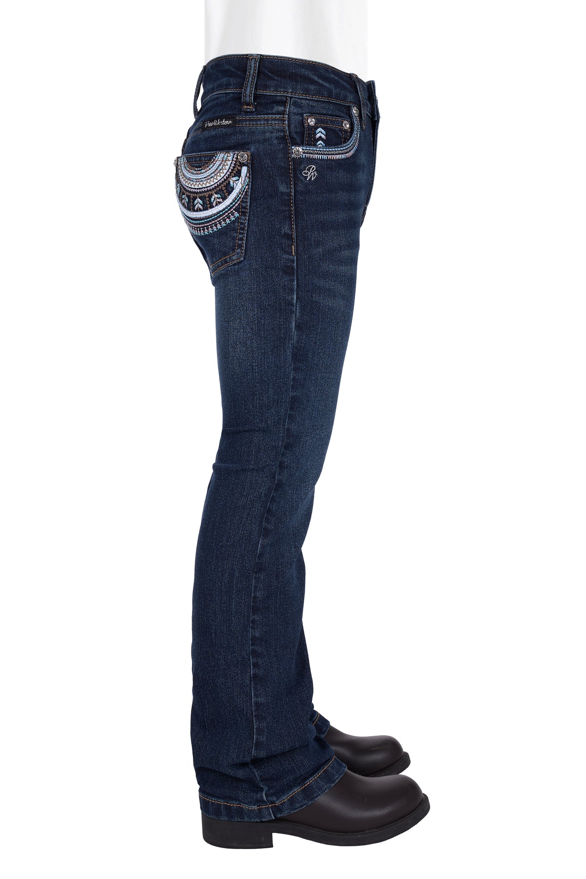 Dark blue jeans with a decorative pocket on a white background