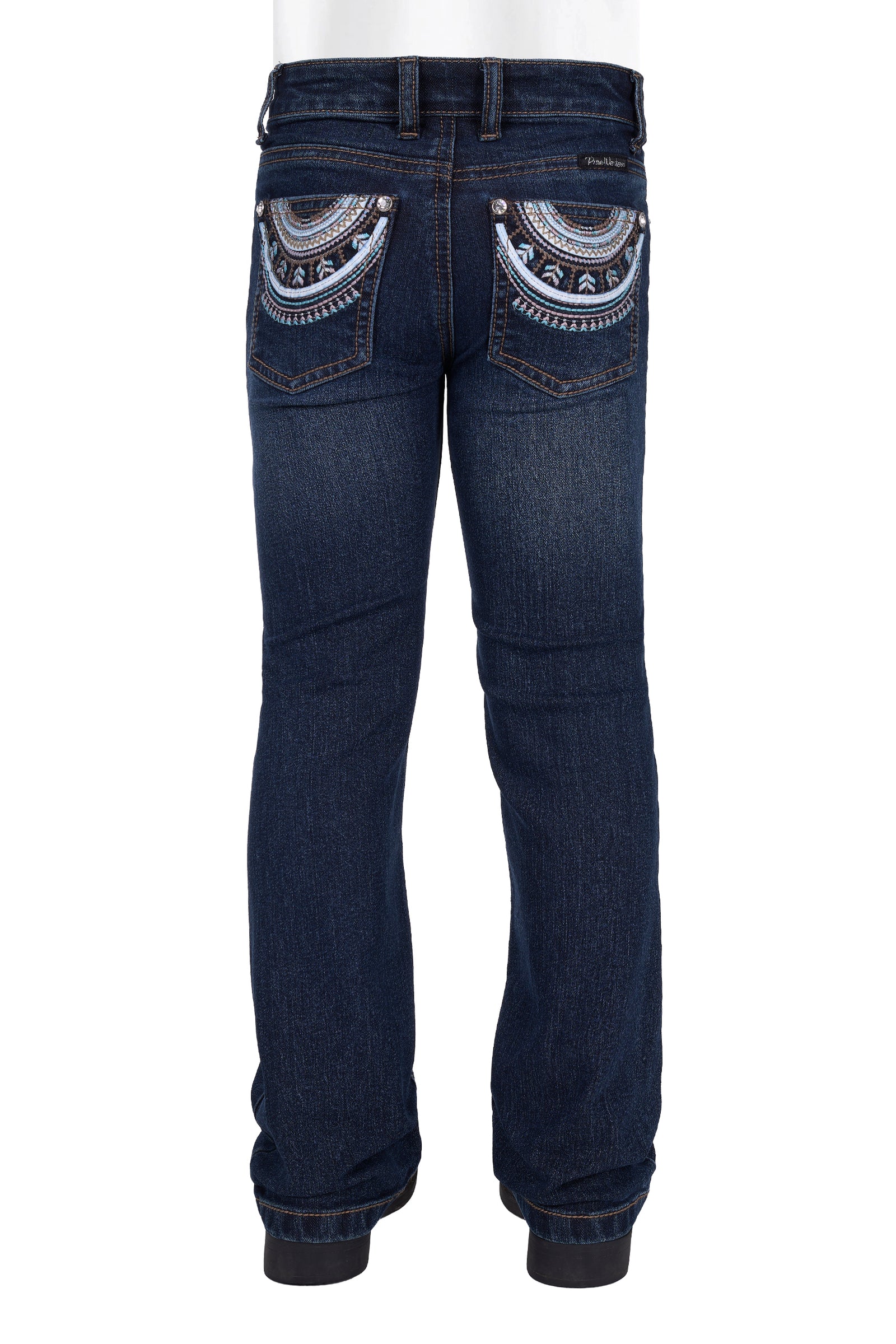 Blue jeans with decorative stitching on a white background