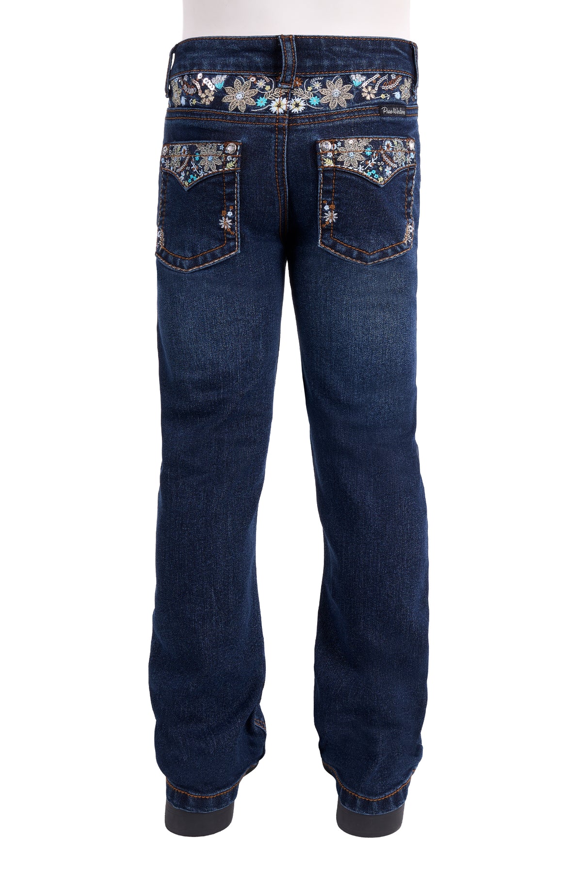 Back view of dark blue denim jeans with ornate floral embroidery and rhinestone embellishment on the back pockets and waistband, shown on a white background.