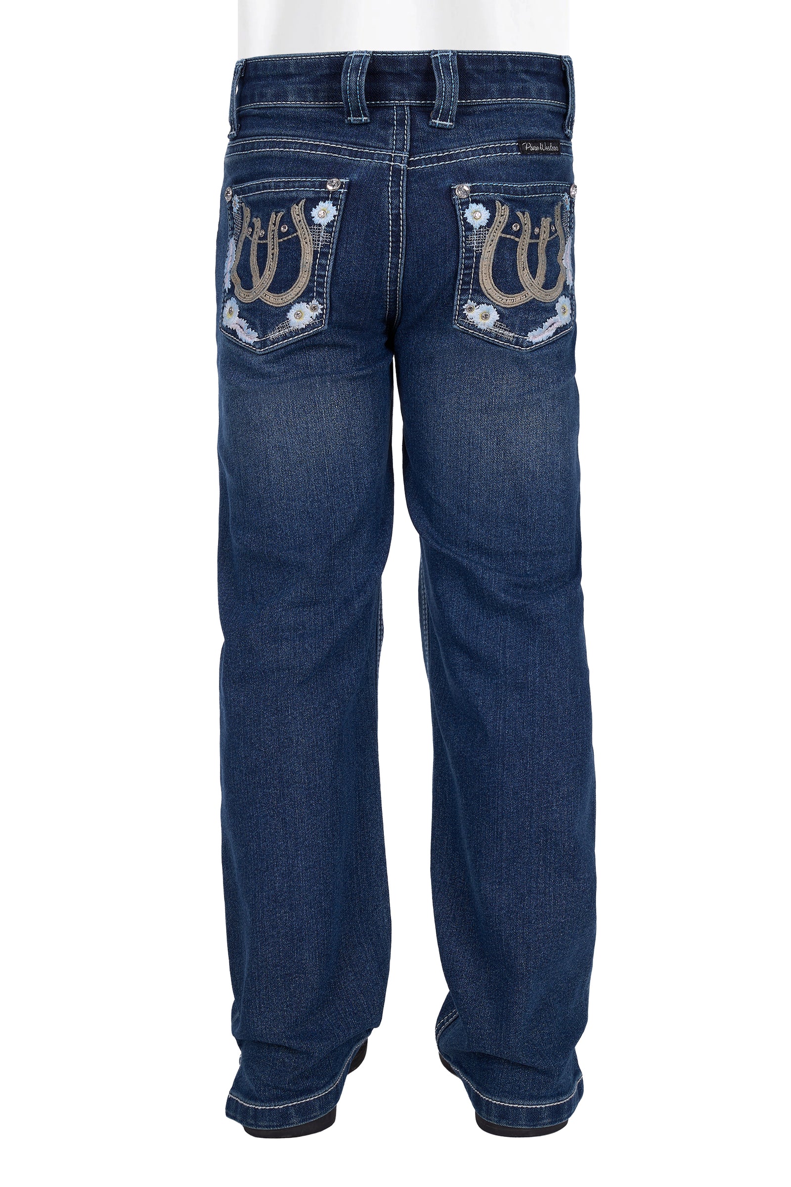 Blue jeans with decorative stitching on a white background
