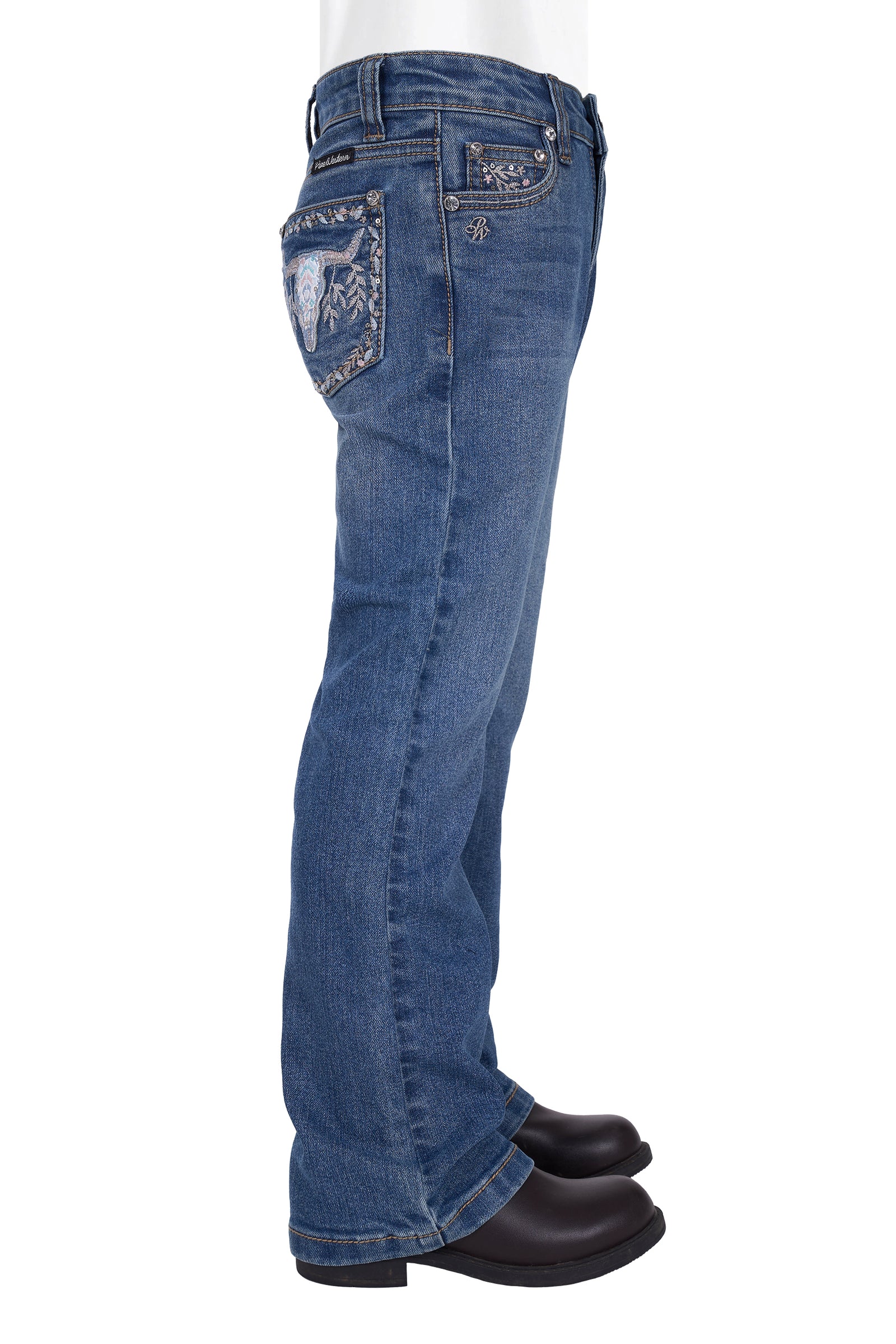 Blue jeans with a decorative pocket on a white background