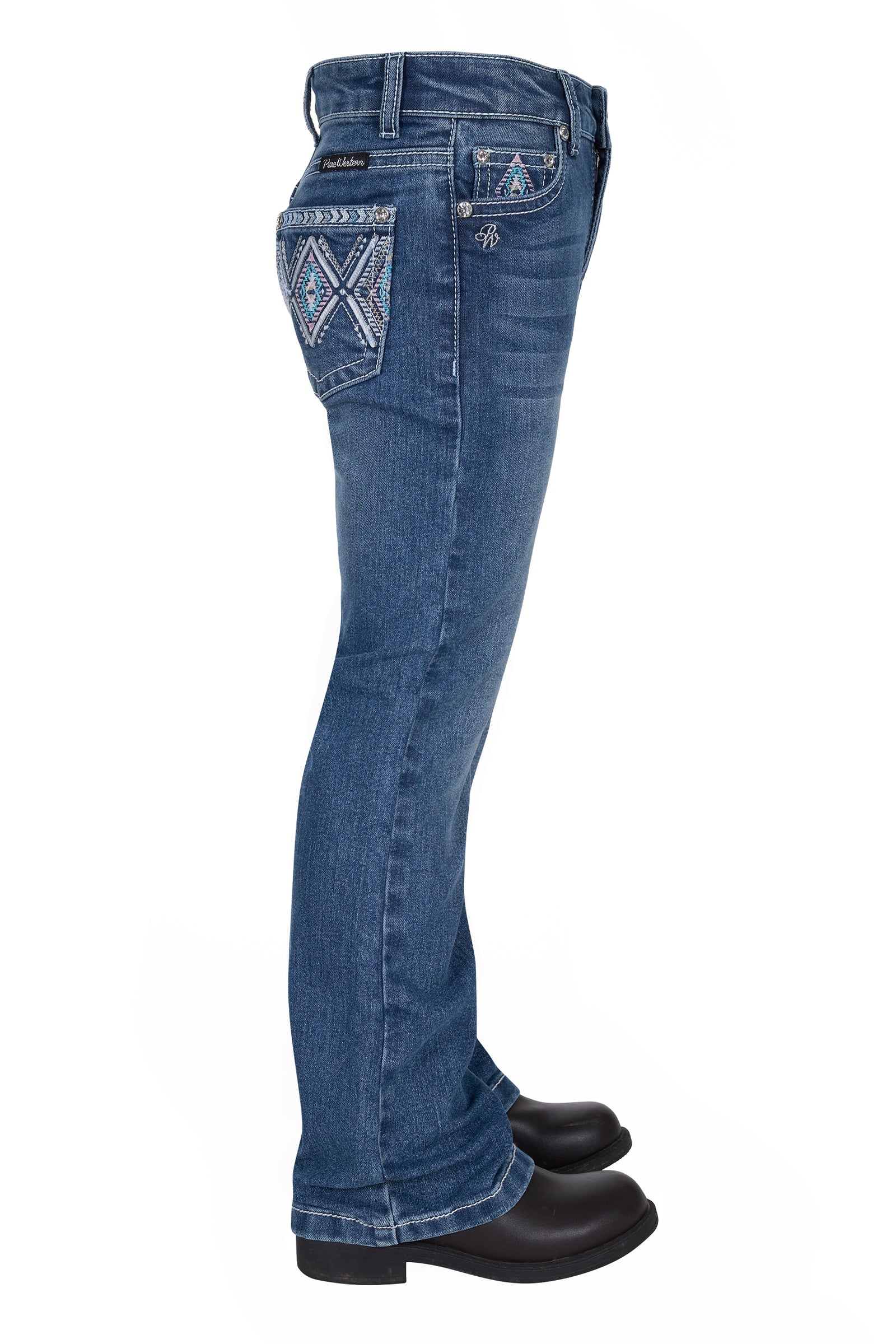 Pure Western Girl's Pam Boot Cut Jean. Blue jeans with decorative stitching on a white background