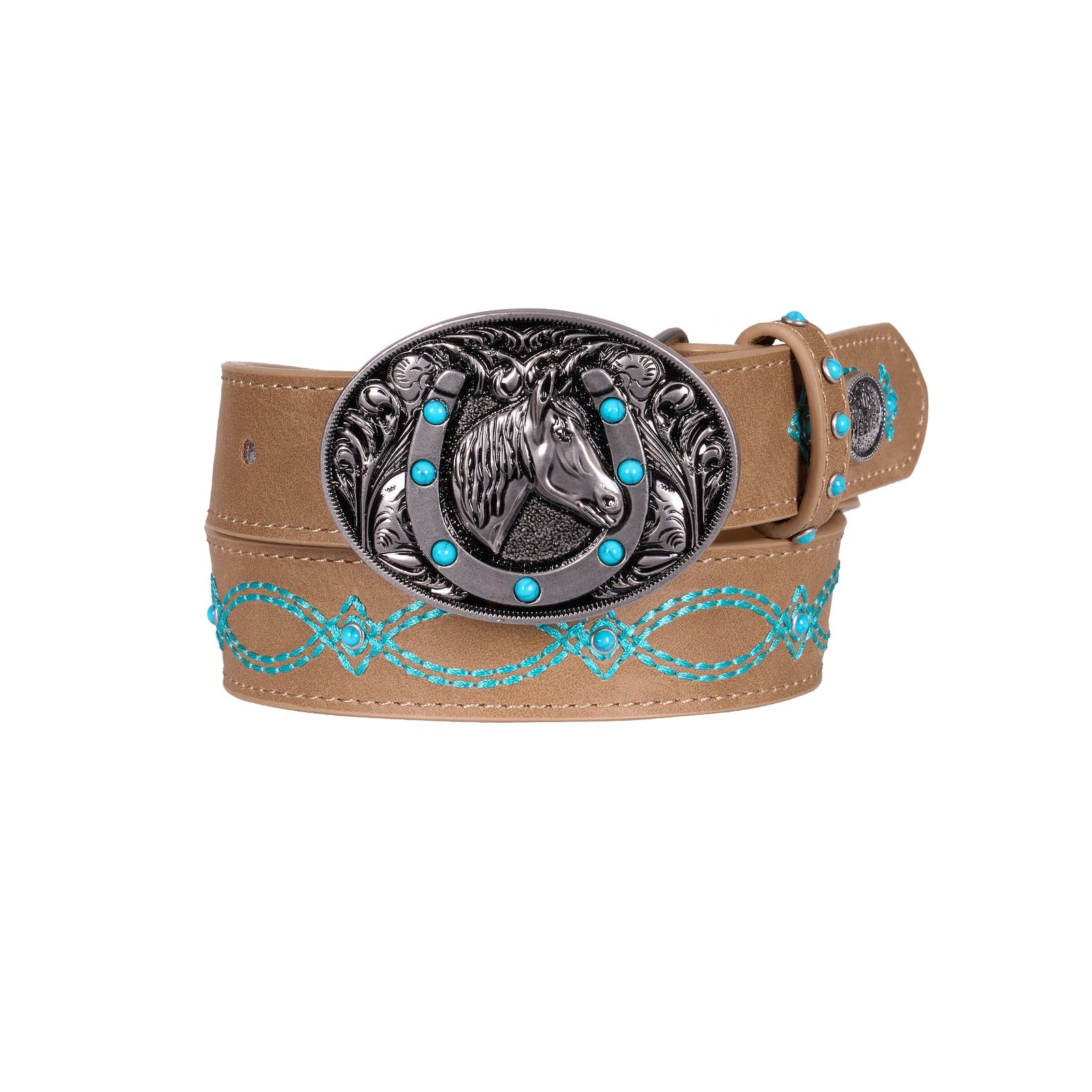 A tan western-style belt with turquoise blue beadwork and a large engraved silver buckle featuring a horse head and small turquoise accents.