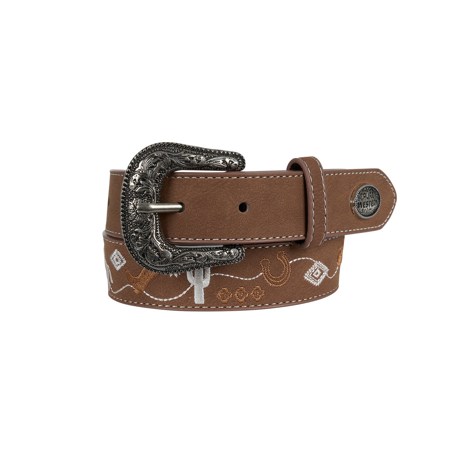 Brown leather belt with decorative buckle on a white background