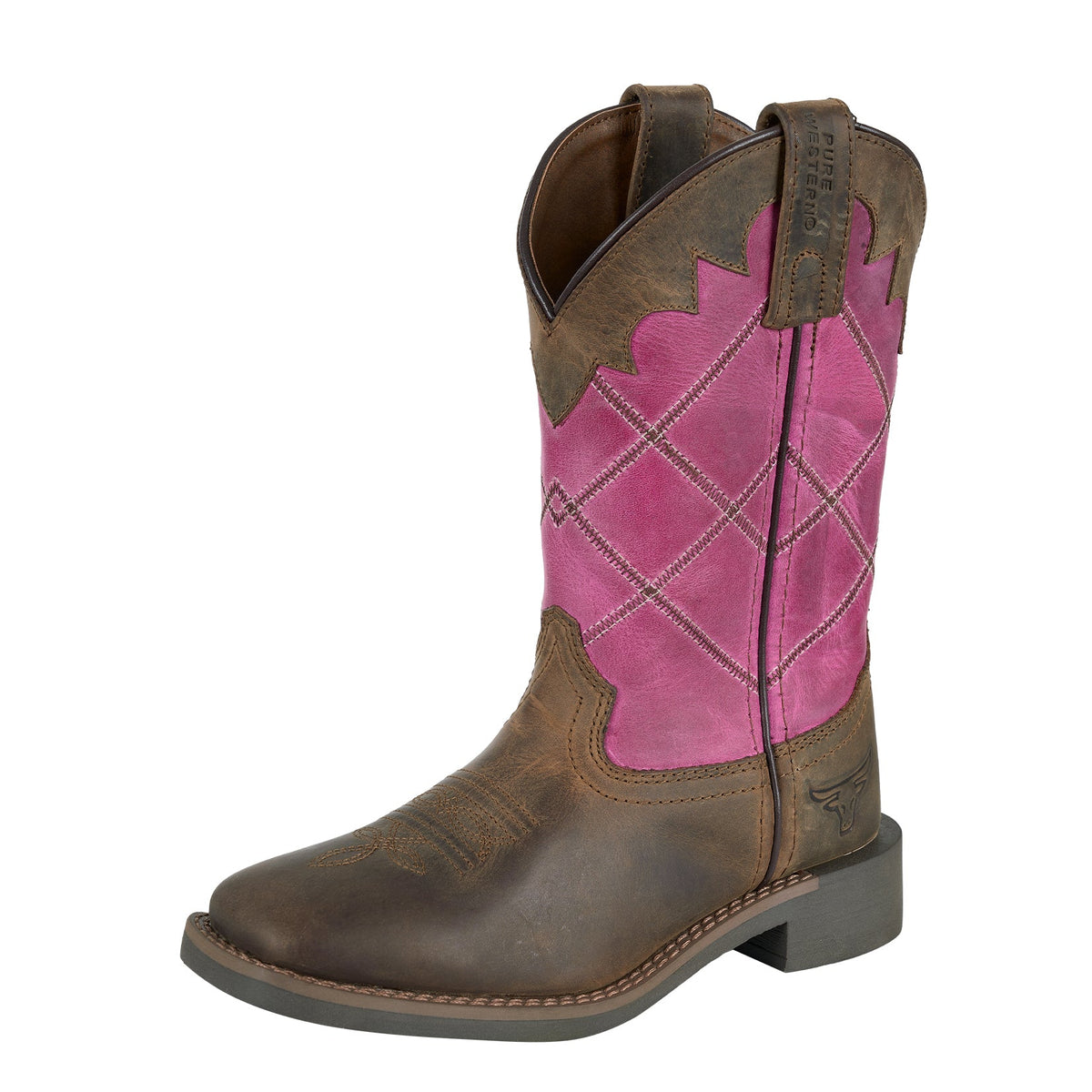 Brown and pink cowboy boot on a white background