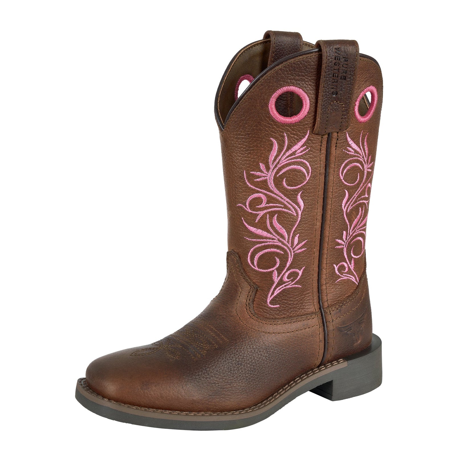 Brown cowboy boot with pink floral embroidery on a white background
