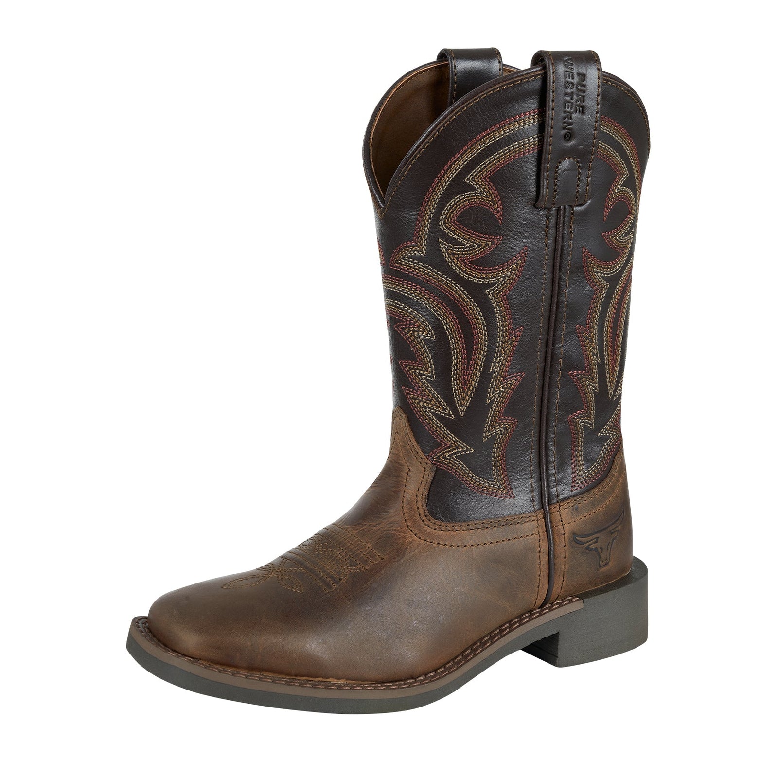 Brown cowboy boot with intricate design on a white background