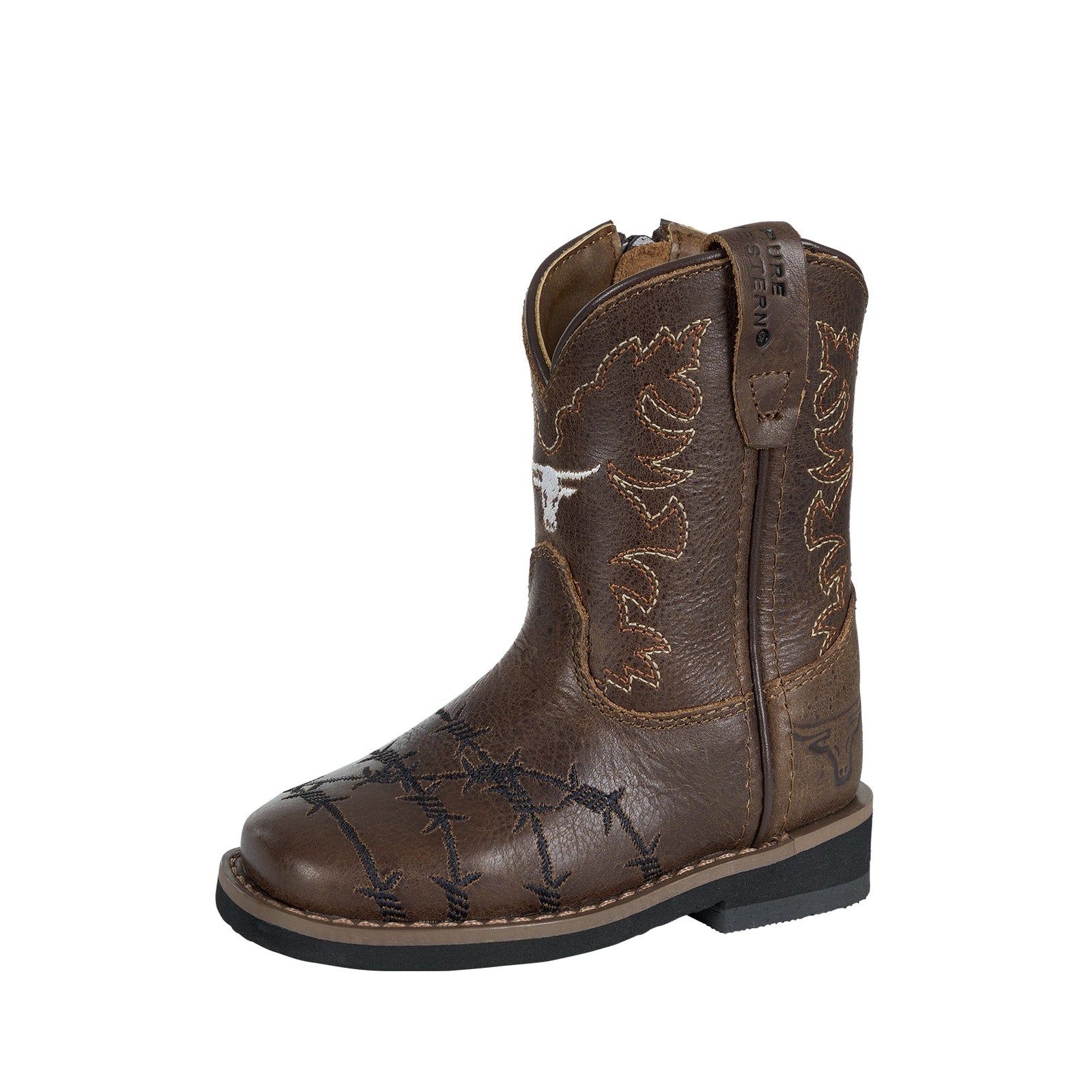 Brown cowboy boot with stitching details on a white background