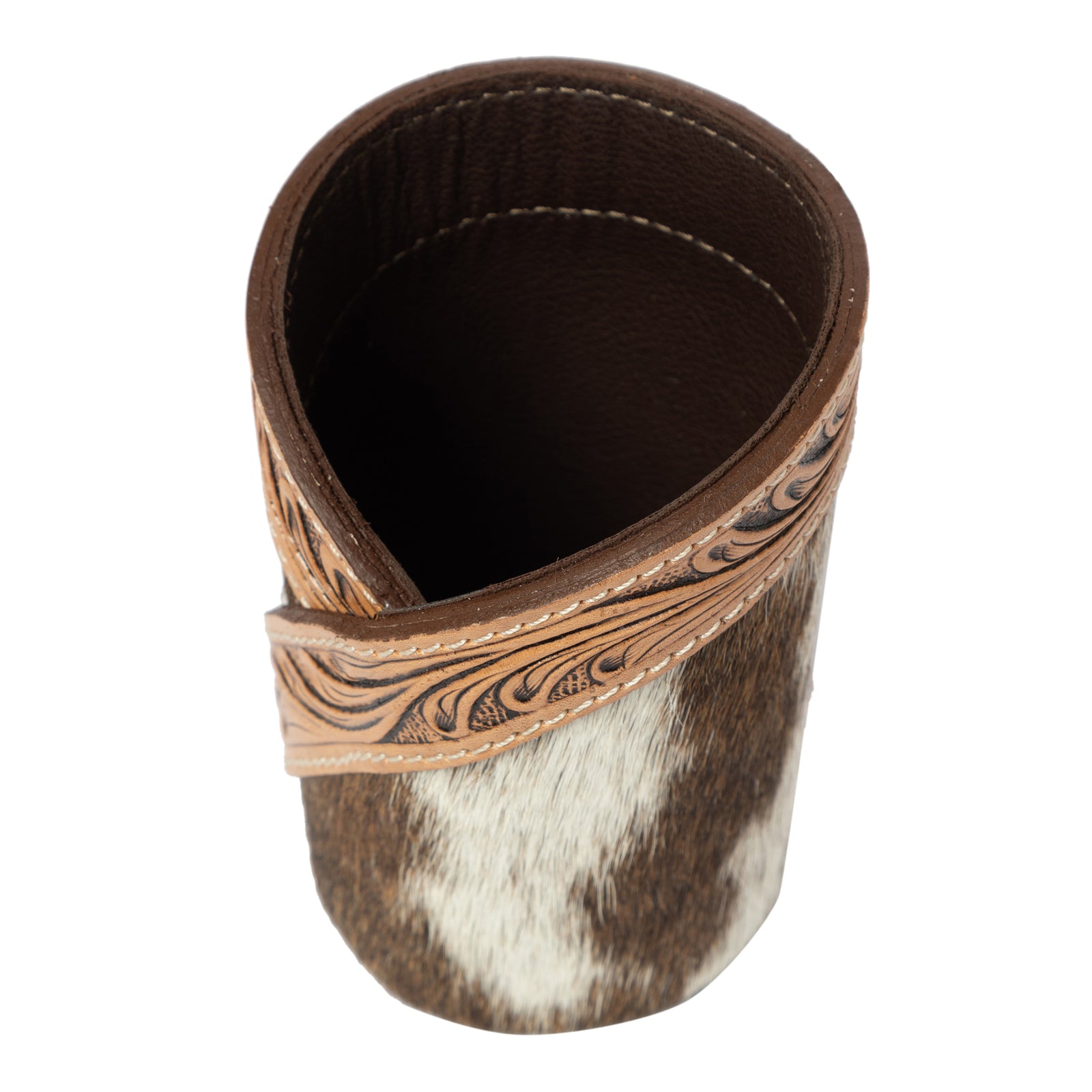 Leather and cowhide cup holder on a white background