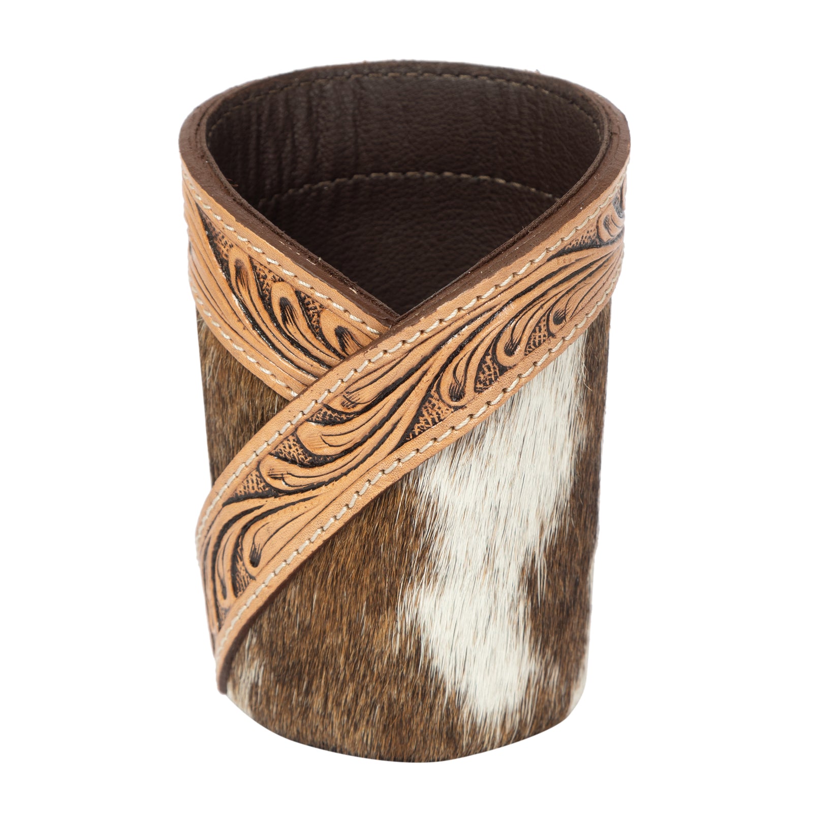 Decorative cup holder with cowhide leather and intricate stitching on a white background