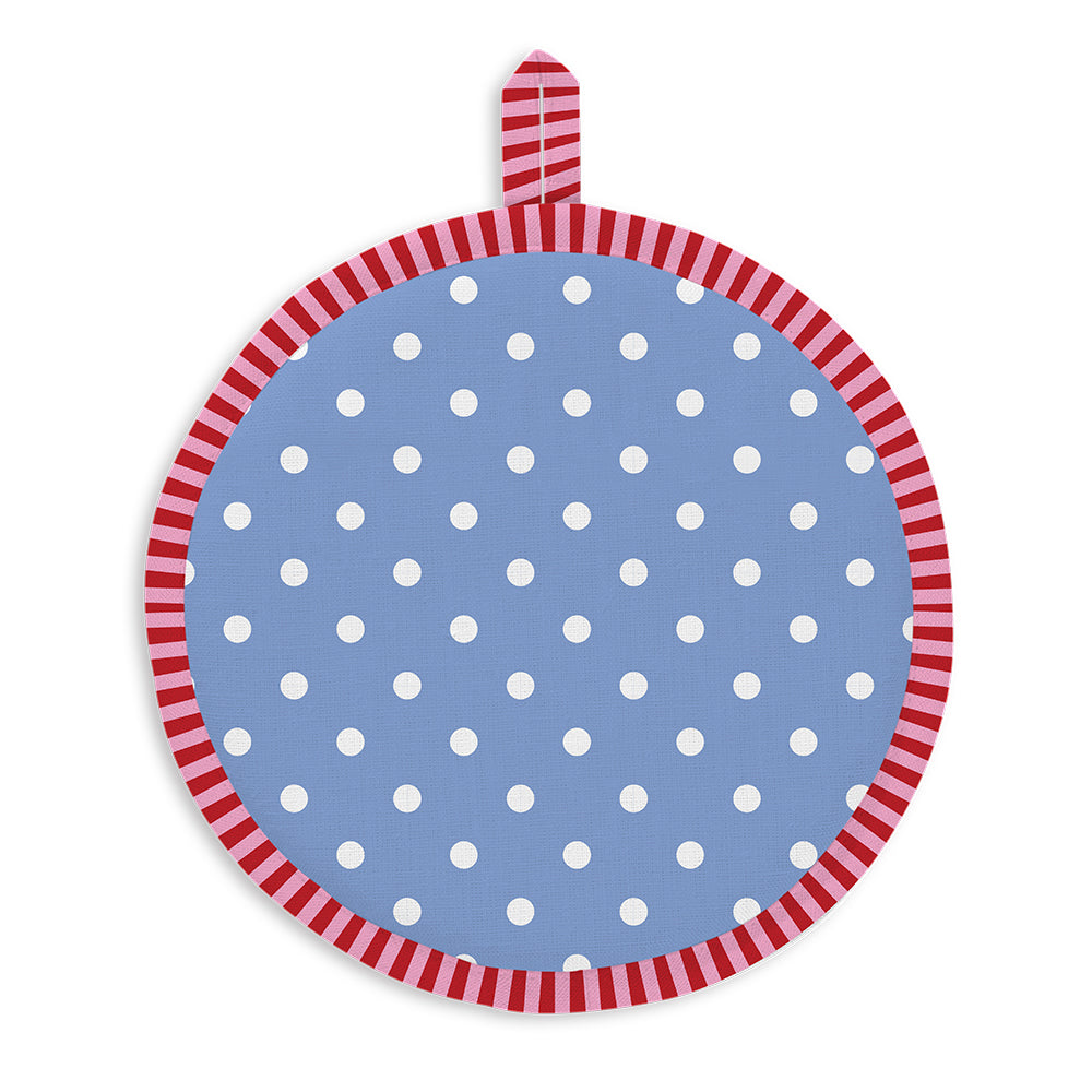 A round fabric pot holder or oven mitt with a light blue center covered in white polka dots, finished with a red and white striped border and a matching hanging loop, shown on a plain white background.