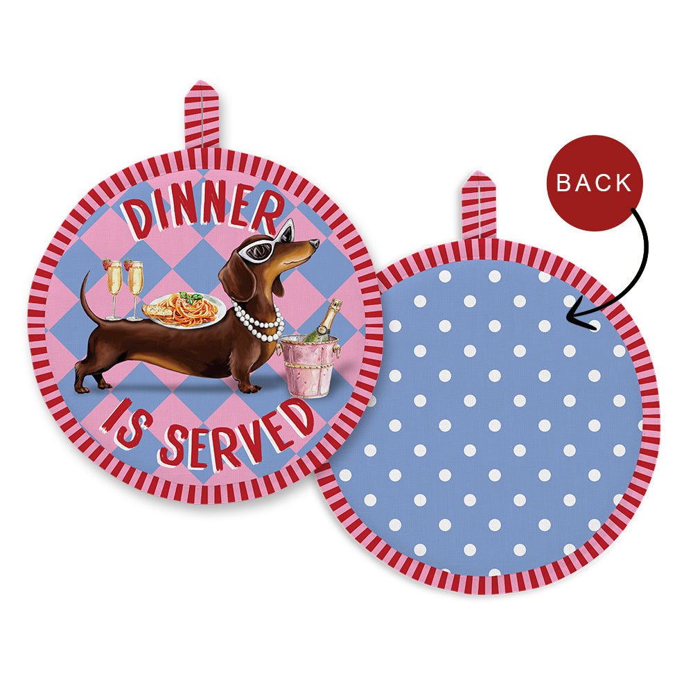 Two pot holders with a dachshund design and text on a white background