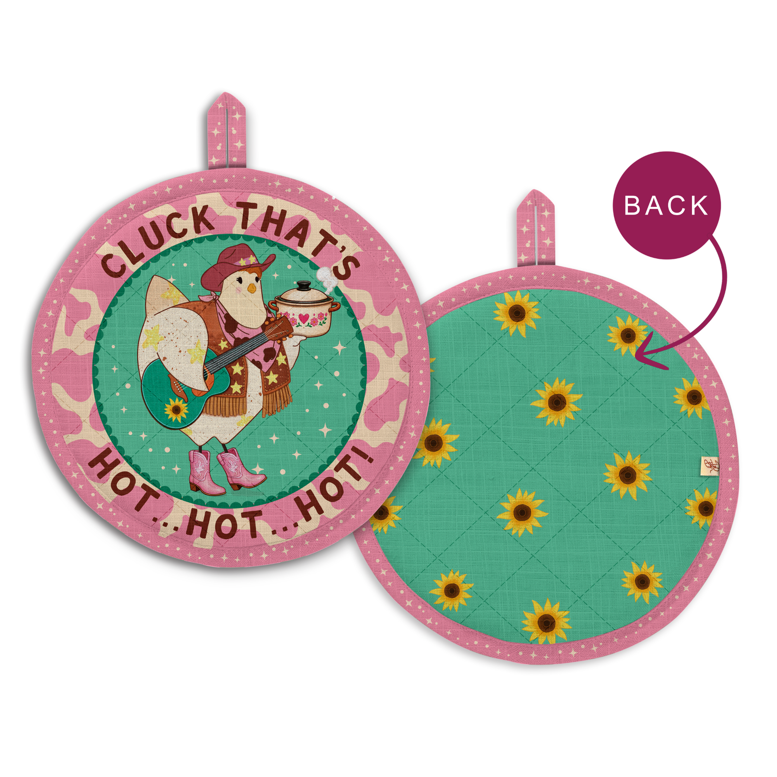 Two round quilted potholders shown on a white background, one displaying the front with a cartoon chicken playing guitar and the text 'CLUCK THAT'S HOT.