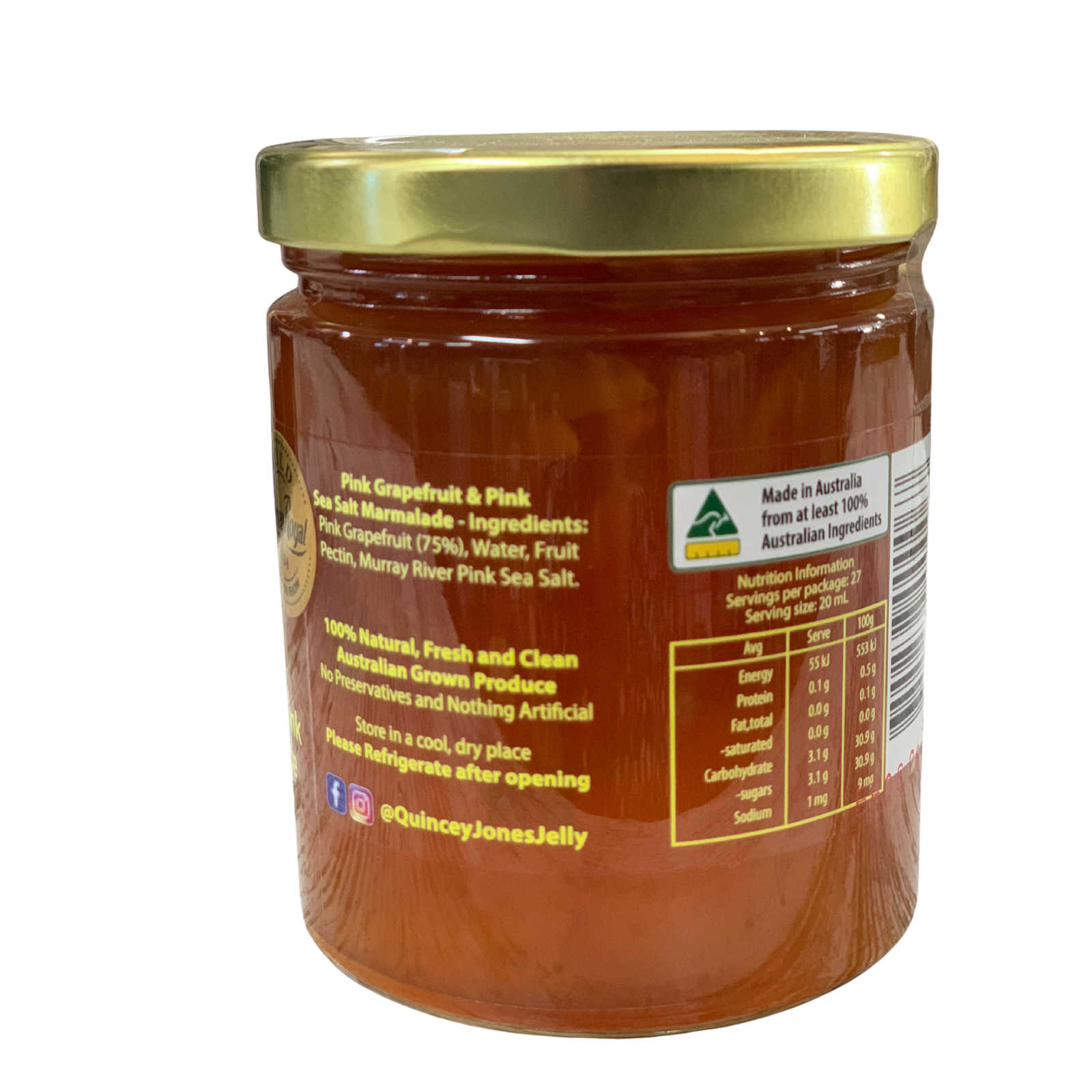 Quincey Jones 190ml Pink Grapefruit Murray River Sea Salt Marmalade. Jar of Pink Grapefruit & Pink Sea Salt Marmalade with a gold lid on a white background