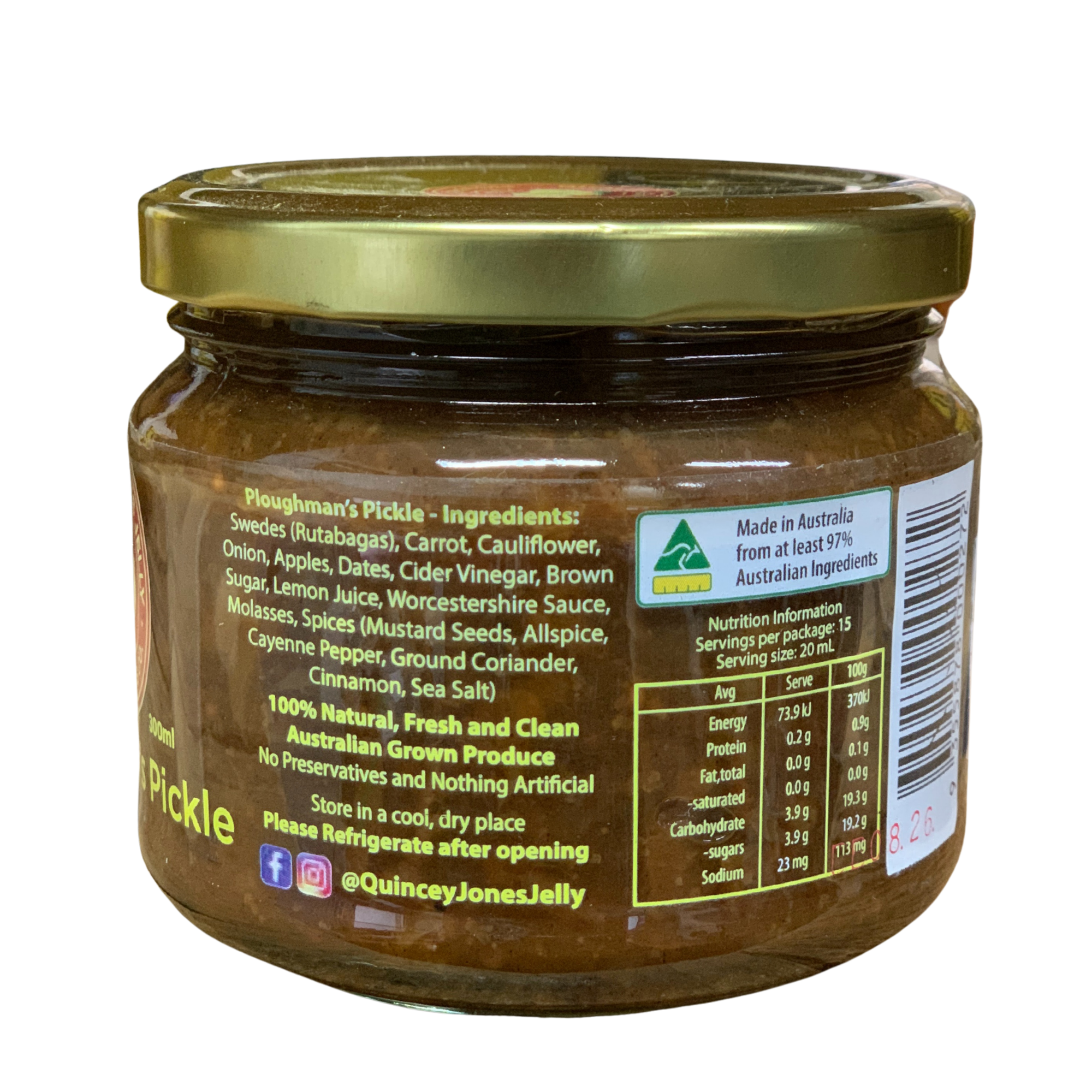 Quincey Jones 300ml Ploughman's Pickle. Jar of Ploughman's Pickle with Quincy Jones Jelly Preserves Co. label on a white background
