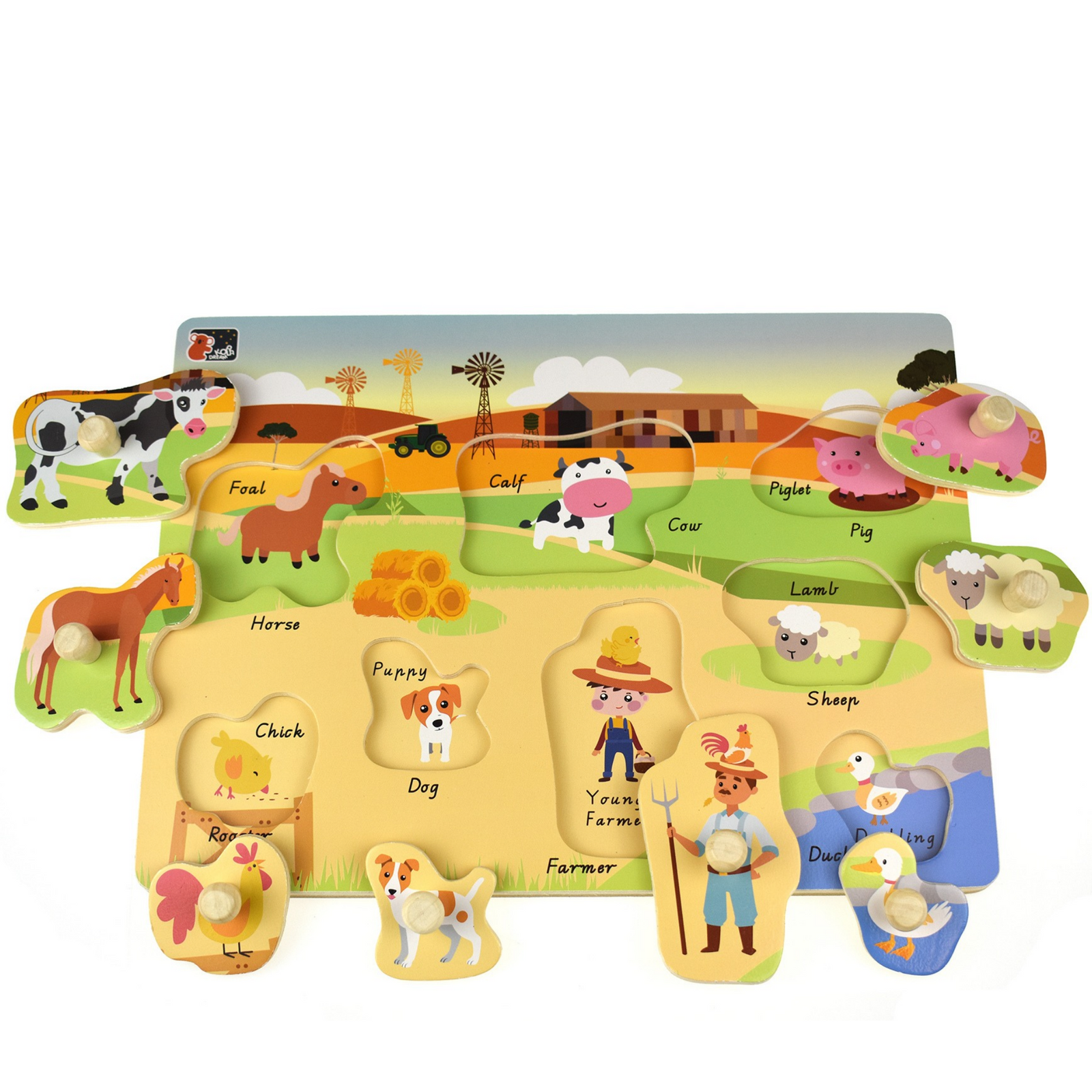 A colorful children's wooden farm-themed puzzle board with labeled animal pieces including horse, cow, pig, sheep, rooster, dog, farmer, and duck, shown on a plain white background.