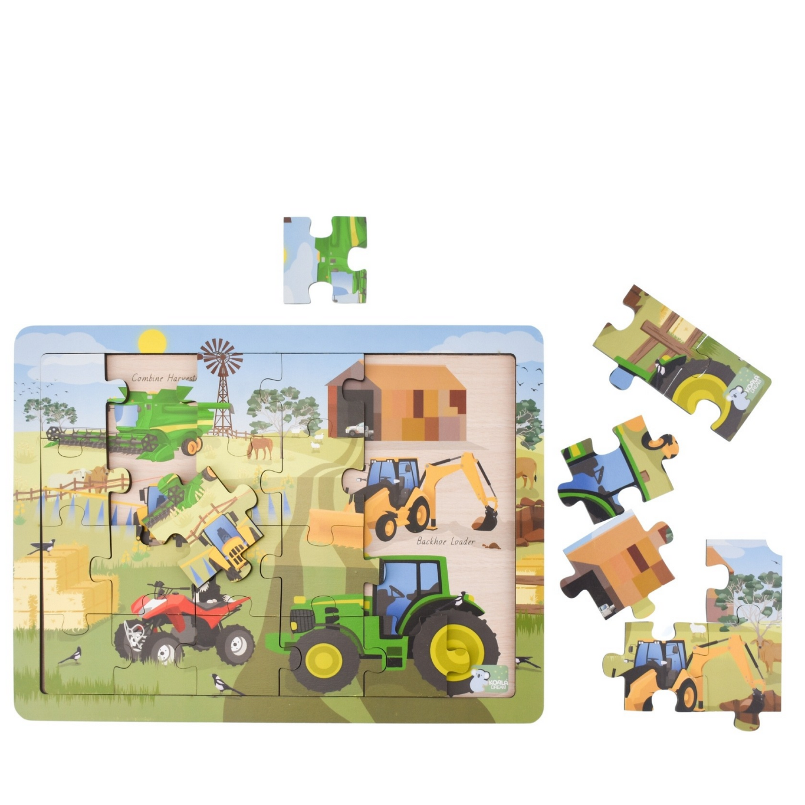 A rectangular children's jigsaw puzzle showing a colorful farm scene with a green tractor, yellow excavator, red ATV, combine harvester, barn, windmill, fence, and small animals, photographed on a plain white background.