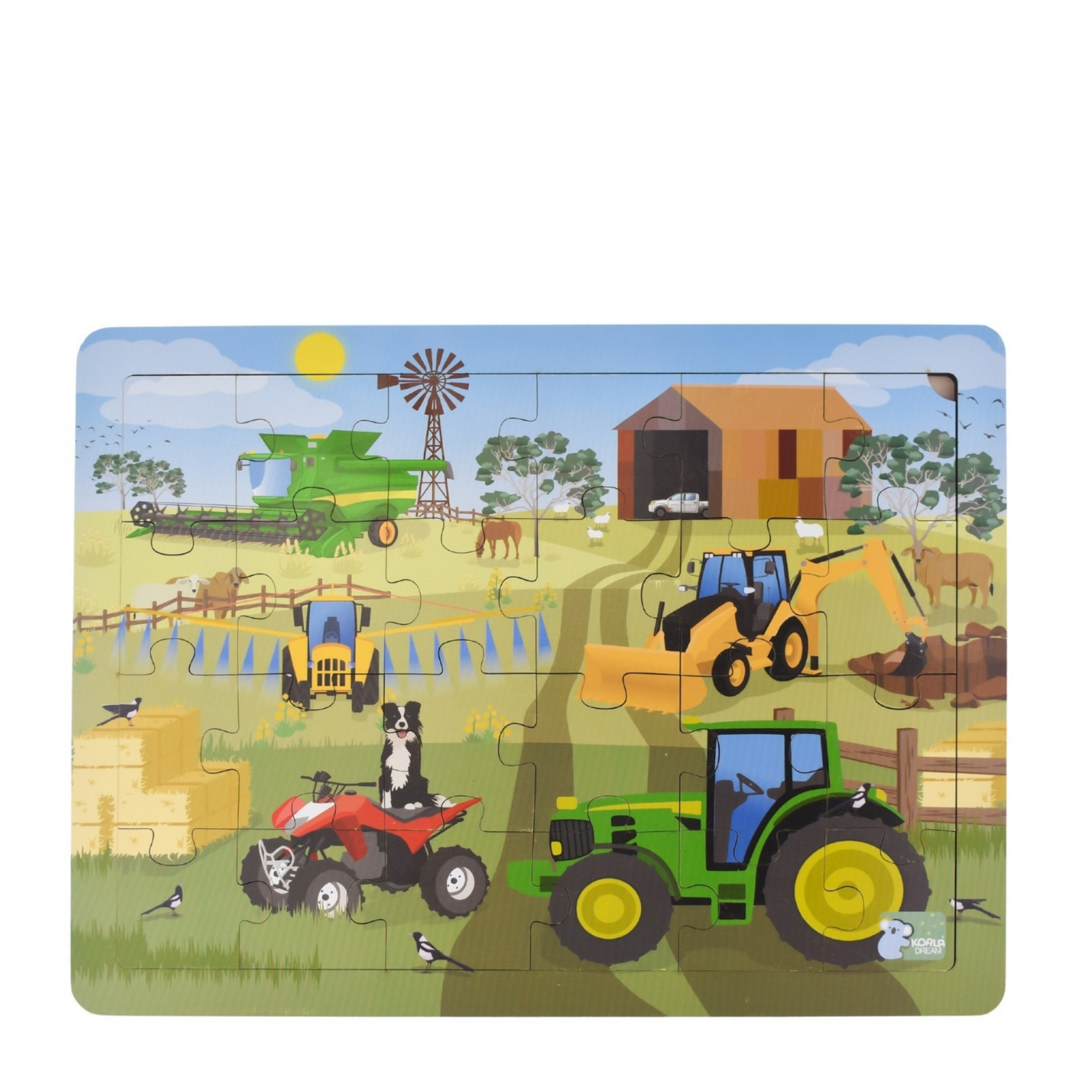 A rectangular children's jigsaw puzzle showing a colorful farm scene with a green tractor, yellow excavator, red ATV, combine harvester, barn, windmill, fence, and small animals, photographed on a plain white background.