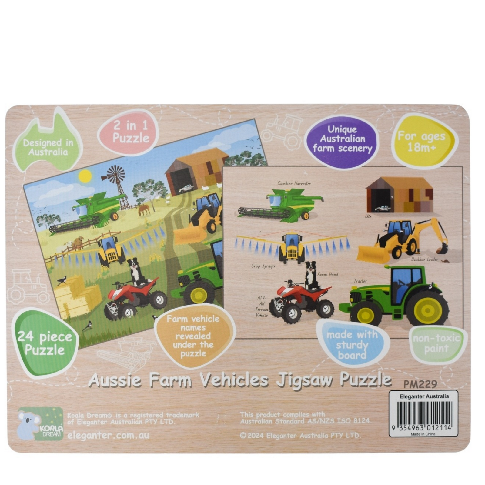 A 24-piece Aussie Farm Vehicles jigsaw puzzle box by Egger Australia, featuring colorful illustrations of farm vehicles like tractors, harvesters, and a bulldozer on a light wood-grain background.