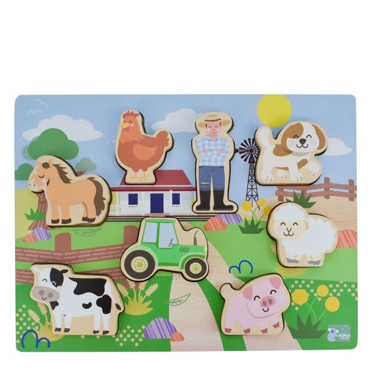 A children's wooden farm-themed puzzle set on a light gray background. The set includes animal pieces such as a horse, chicken, dog, sheep, cow, pig, and a farmer, plus a green tractor and a windmill, all arranged on a colorful farm scene base.
