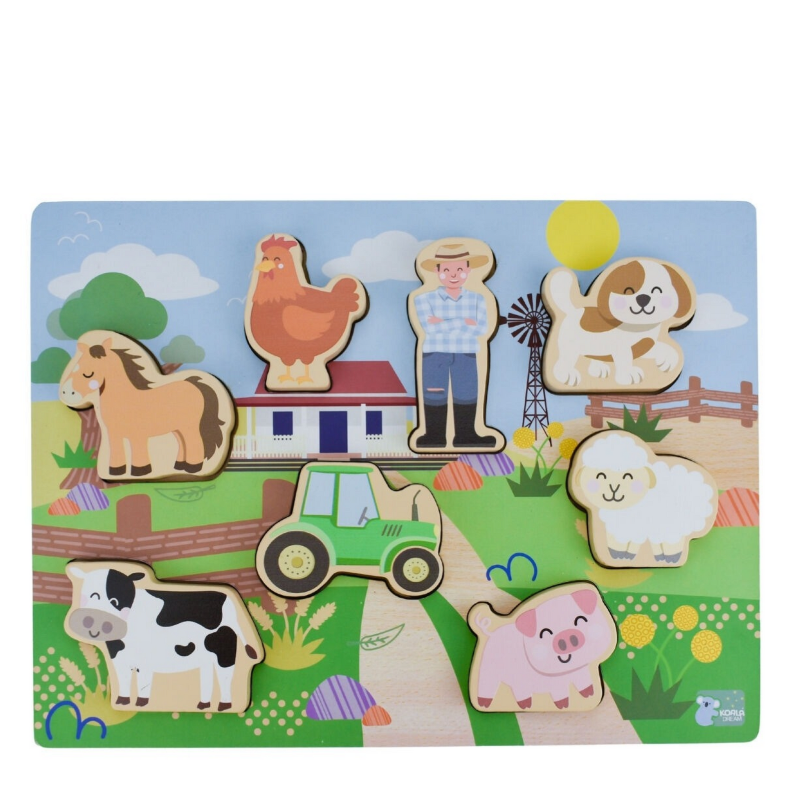 A children's wooden farm-themed puzzle set on a light gray background. The set includes animal pieces such as a horse, chicken, dog, sheep, cow, pig, and a farmer, plus a green tractor and a windmill, all arranged on a colorful farm scene base.