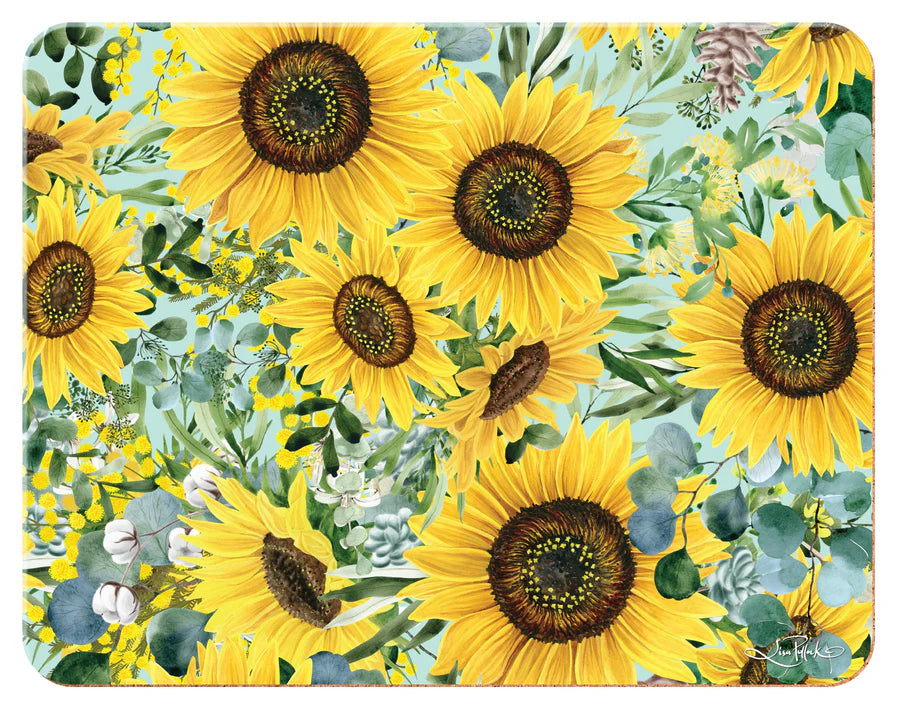 Lisa Pollock Bee Suny Placemat Set. Placemat with sunflower design on a green background