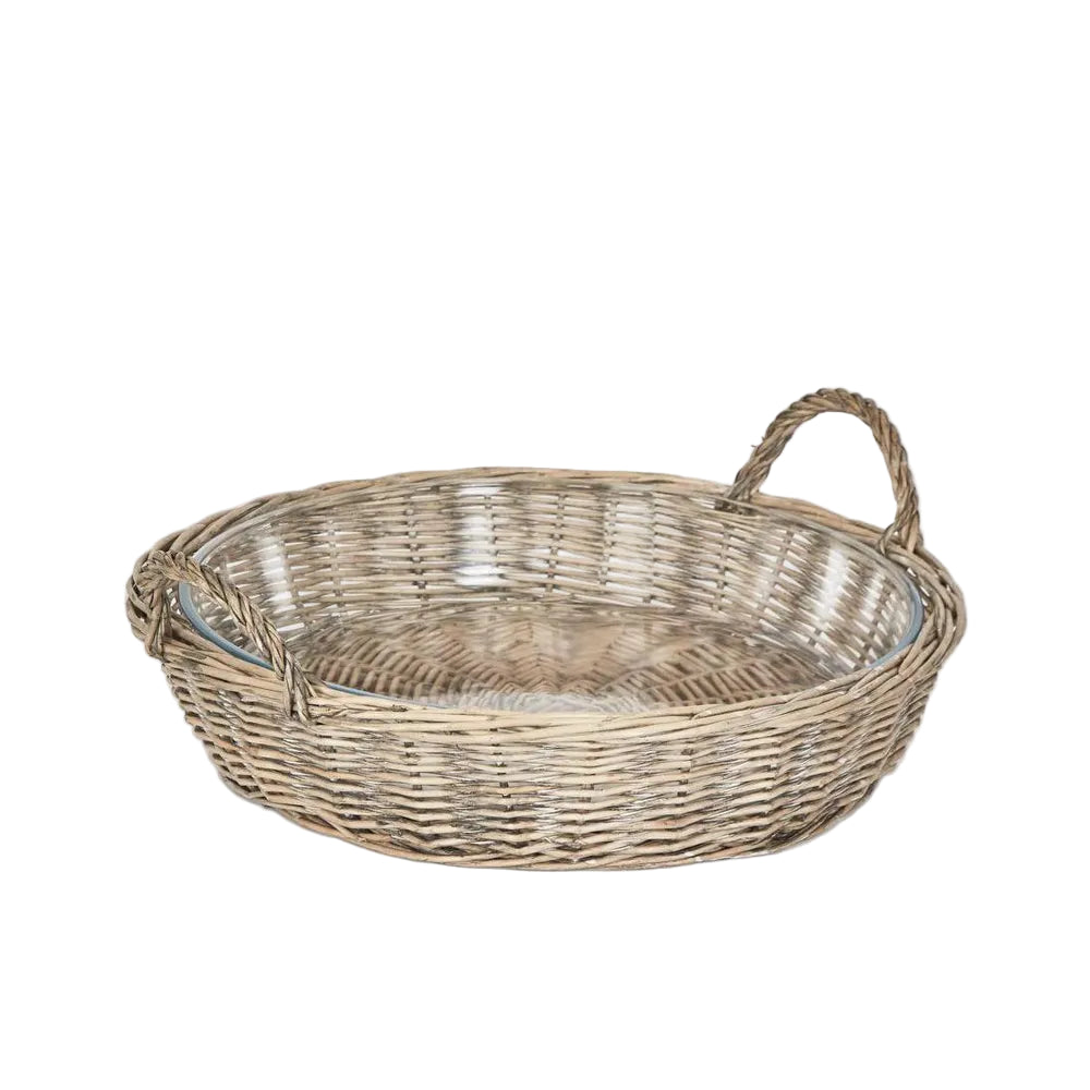Round Basket with Glass Dish. Wicker basket with handles on a white background