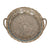 Round Basket with Glass Dish. Woven basket with handles on a light gray background