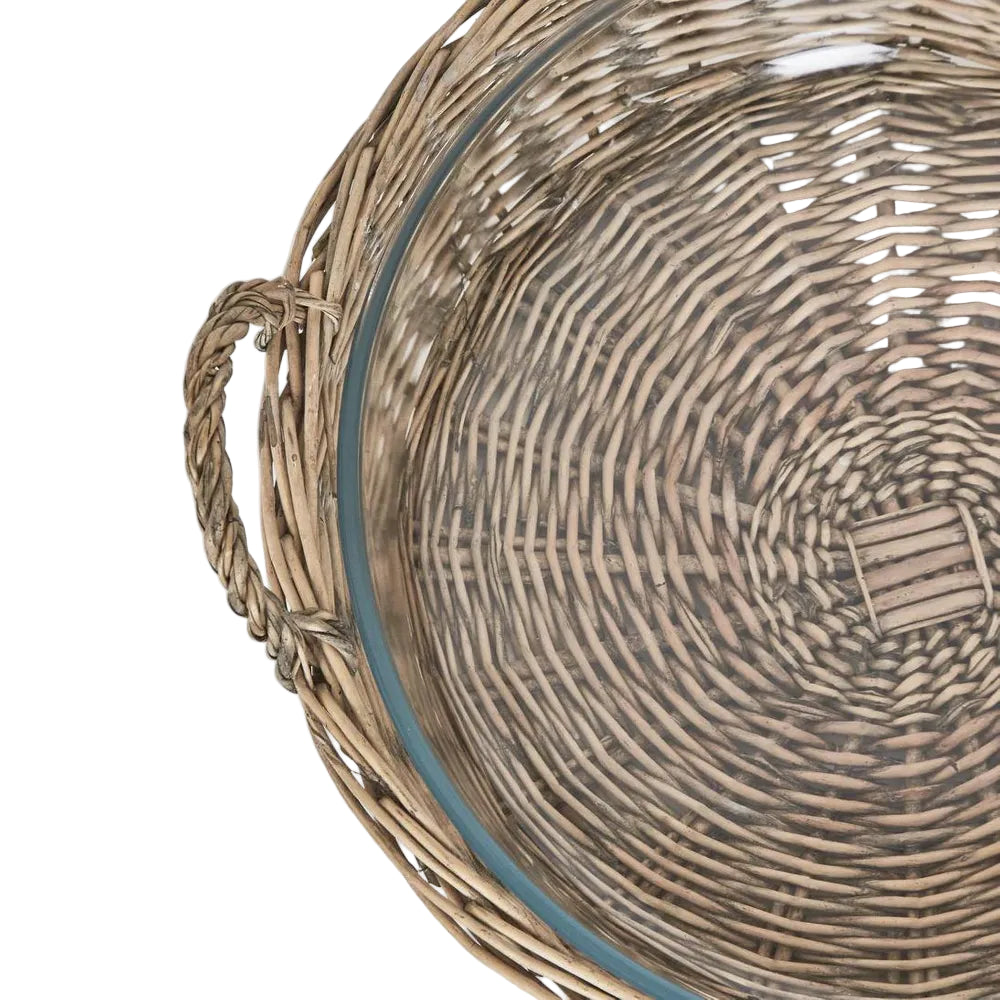 Round Basket with Glass Dish. Wicker basket with a glass lid on a white background