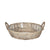 Round Basket with Glass Dish. Wicker basket with handles on a light gray background