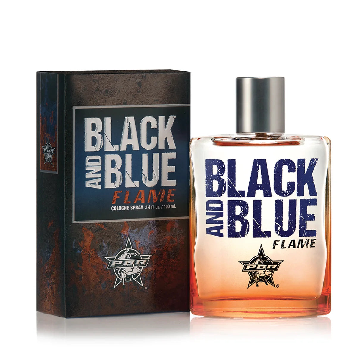A bottle of Black and Blue Flame fragrance with a silver cap, featuring a clear glass bottle showing a warm amber-orange liquid inside, with bold navy blue text and a gold star logo on the front, set against a clean white background with a soft reflection below.