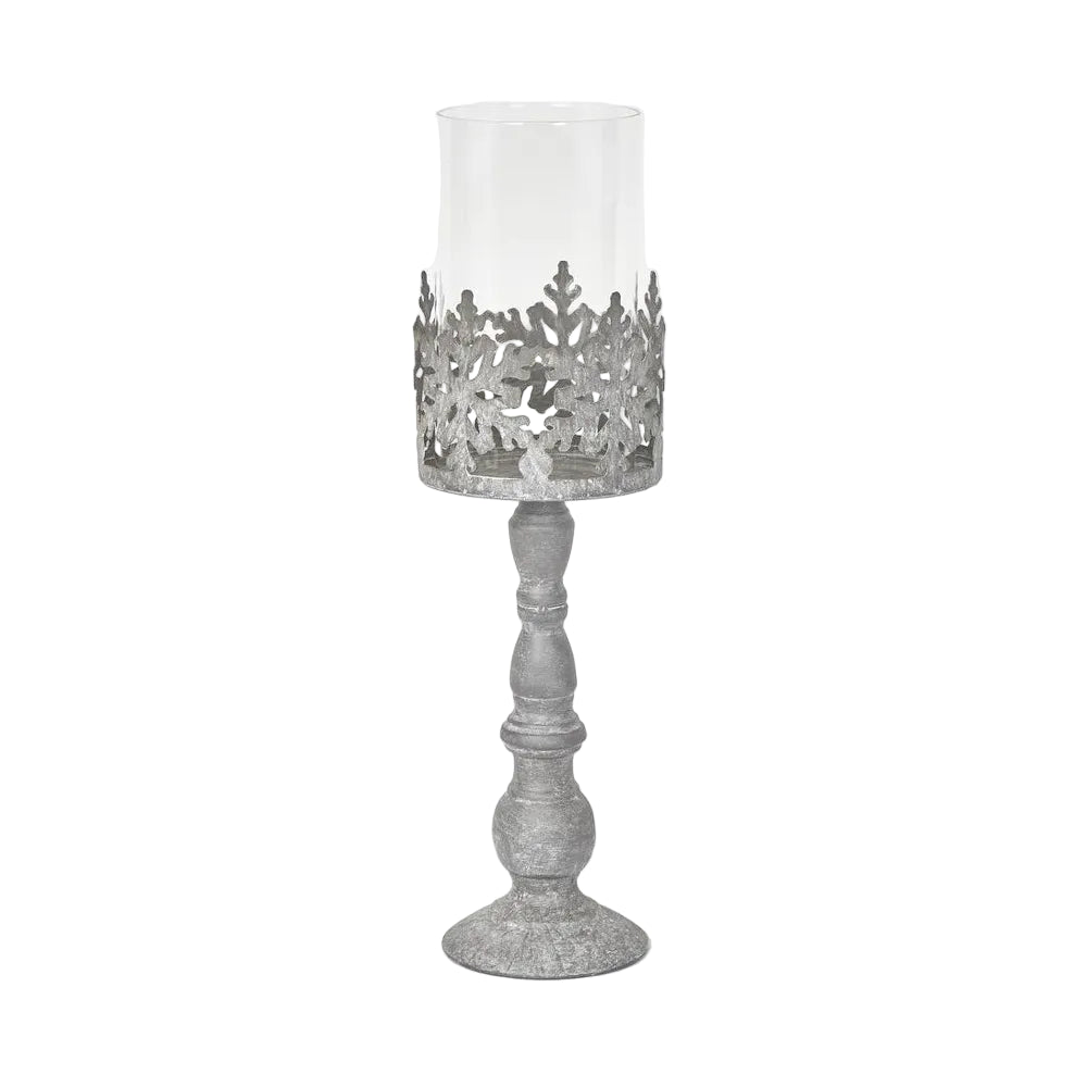 Snow Candle Holder Zinc. Decorative candle holder with floral design on a white background