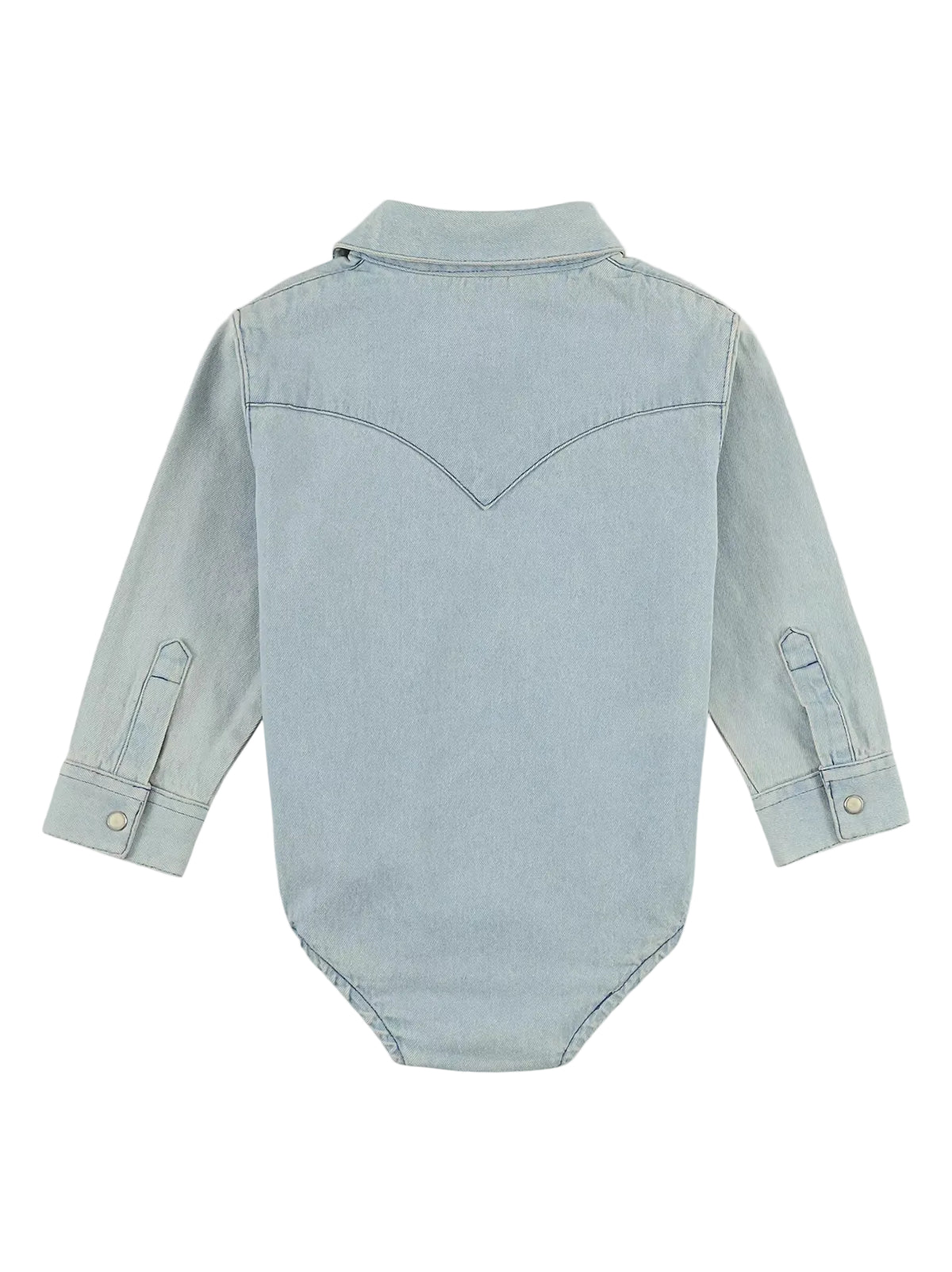 Light blue denim onesie on a light gray background