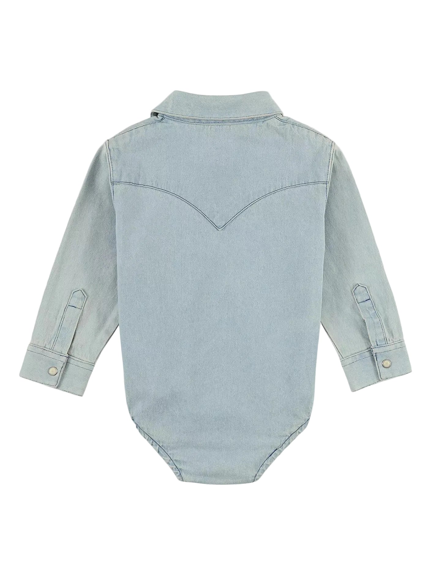Light blue denim-style baby romper on a light gray background