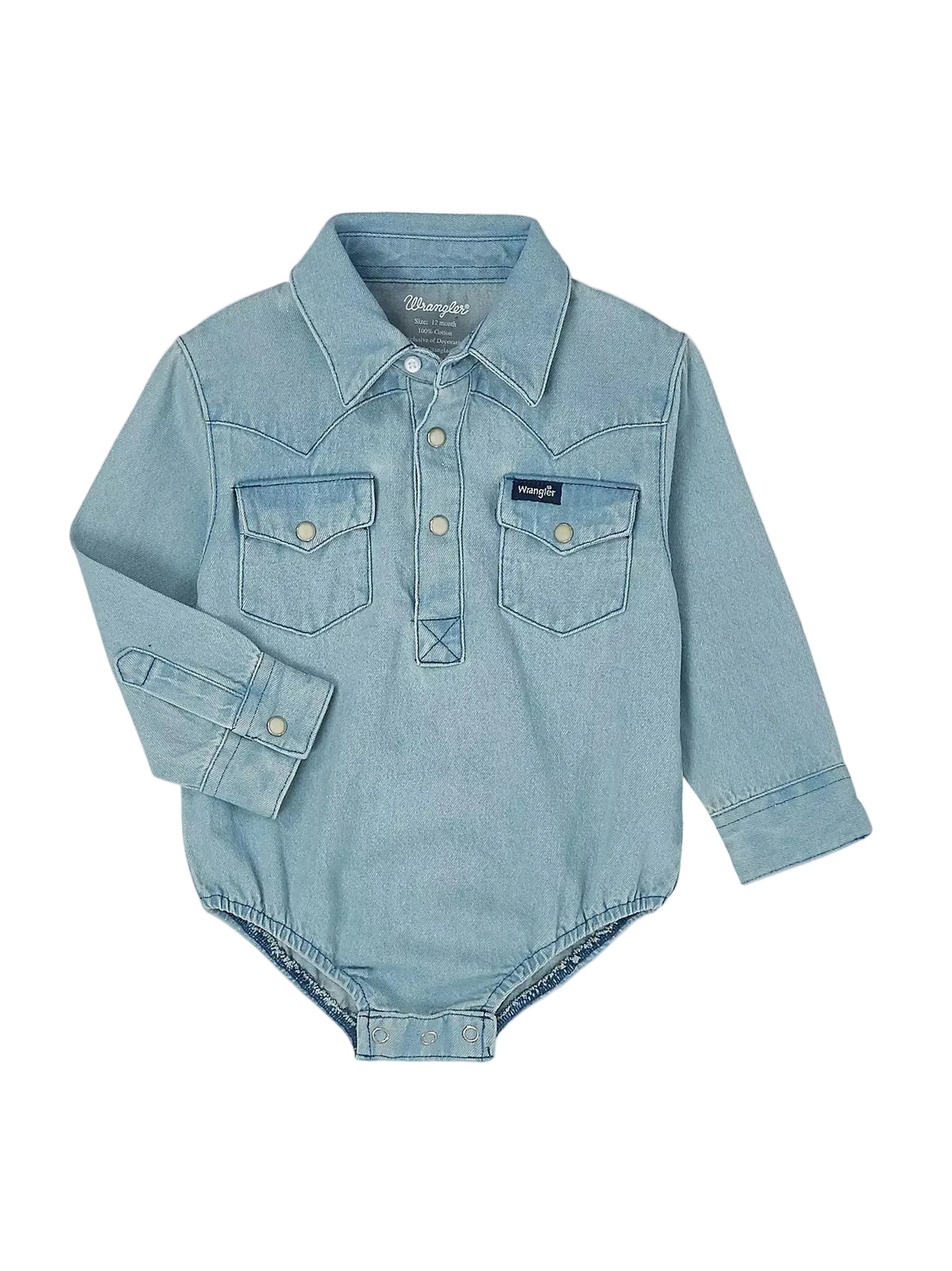Light blue denim-style baby romper on a light gray background
