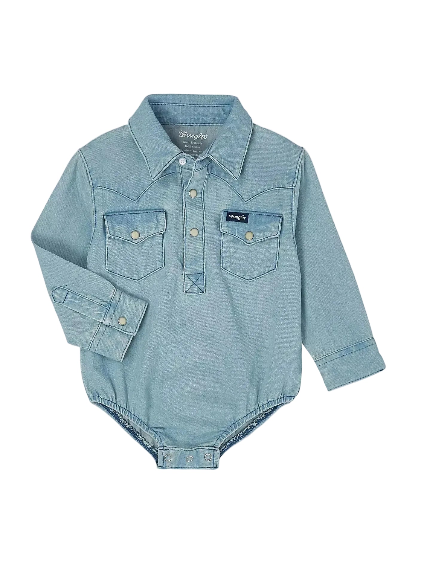 Light blue denim-style baby romper on a light gray background