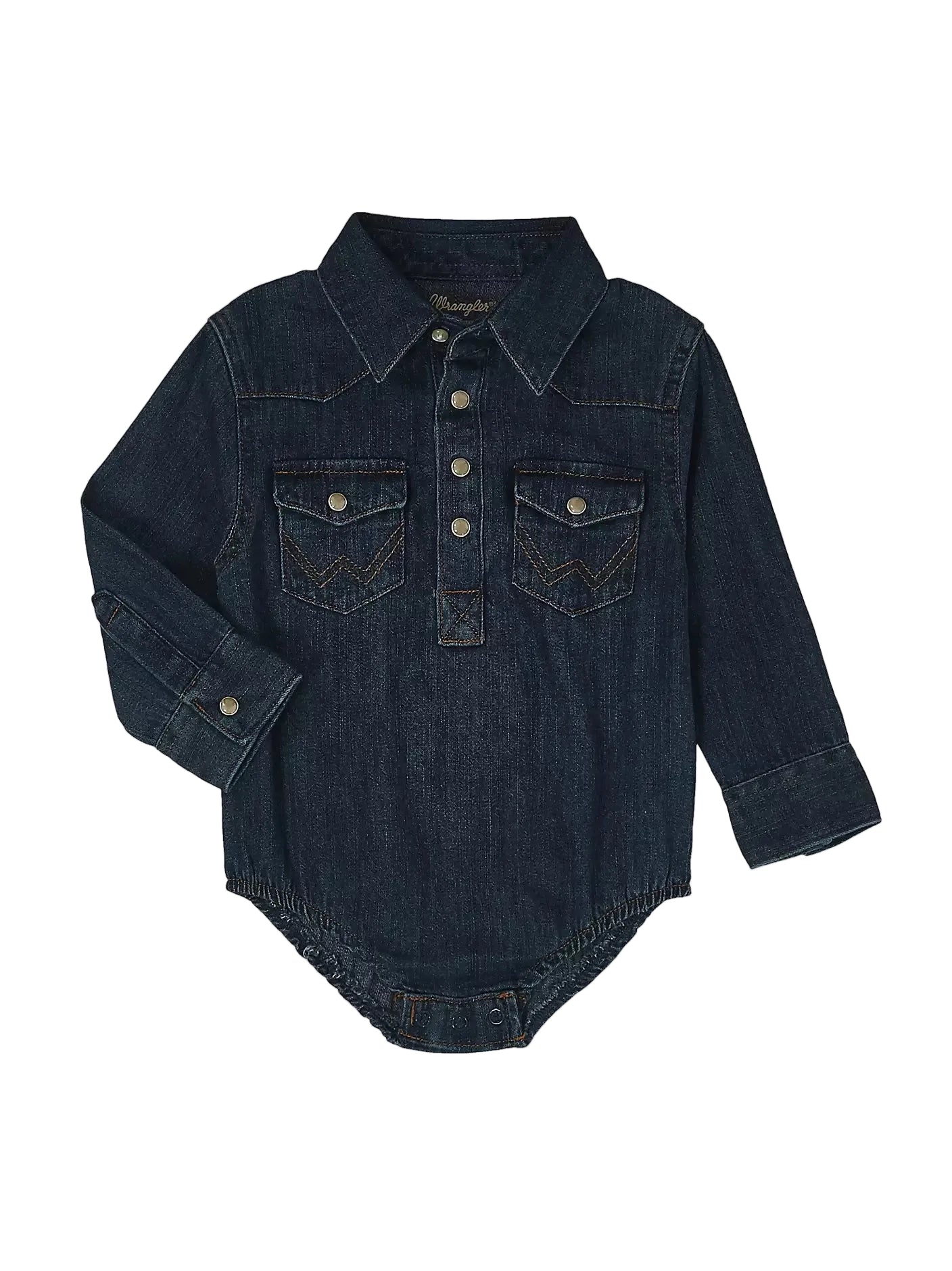 Dark denim baby romper with button details on a light gray background