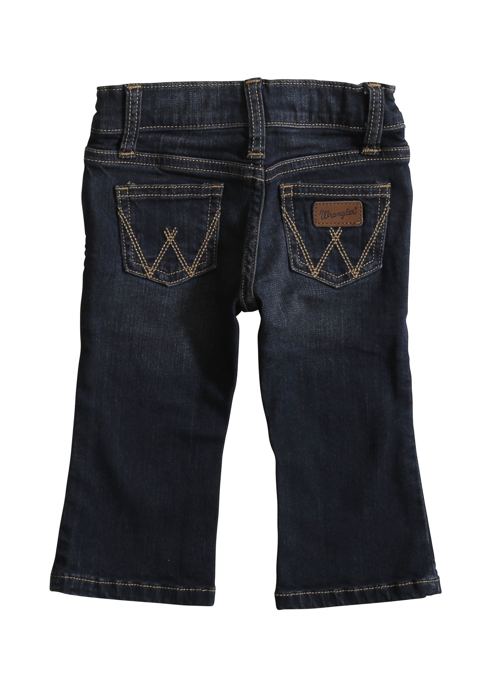 Infant-sized Wrangler western blue jeans with a classic 5-pocket design and 'W' embroidery on the back pockets, featuring spade hip pockets with embroidery and a patch.