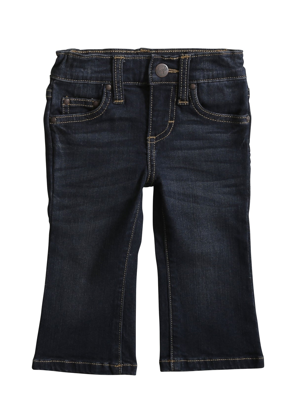 Infant-sized Wrangler western blue jeans with a classic 5-pocket design and 'W' embroidery on the back pockets, featuring spade hip pockets with embroidery and a patch.