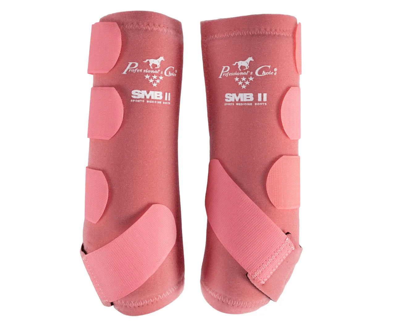 Professionals Choice SMBII Sports Boot. Pair of pink protective horse boots with 'Perfect Fit' branding on a white background
