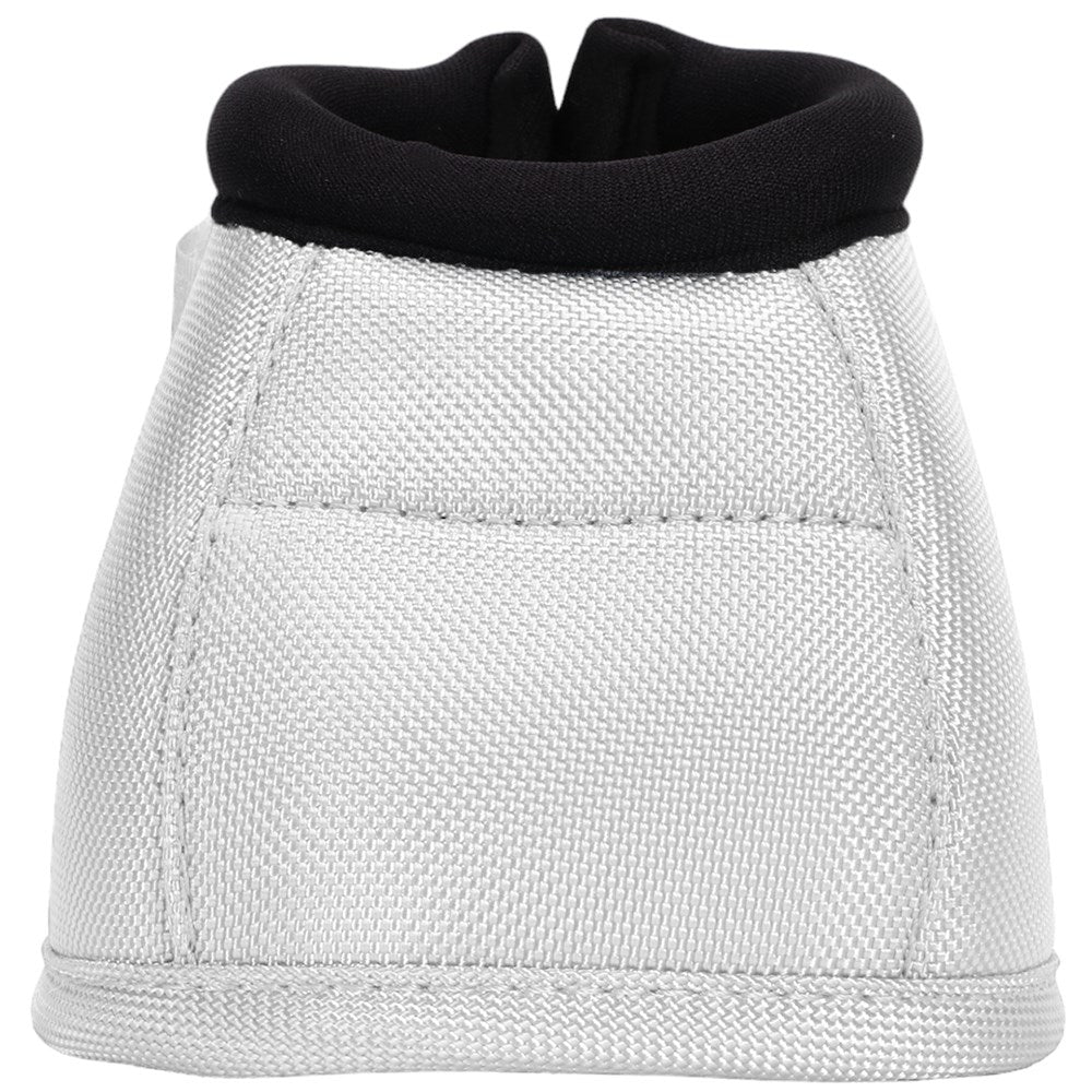 A close-up of a white textured bootie or shoe with a black ribbed collar, shown against a plain white background.