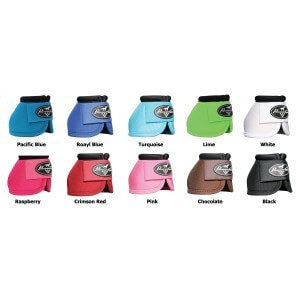 Professional Choice Ballistic Overreach Boots. A selection of Ballistic Overreach Boots in various colors, each featuring a nylon outer cover, an UltraShock lining, and a no-turn knob.