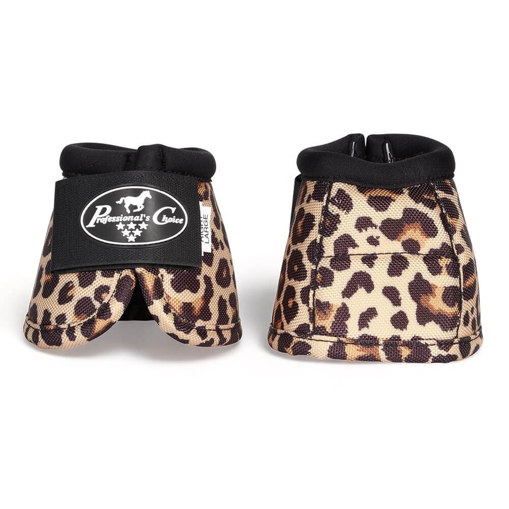 Professional Choice Ballistic Overreach Bell Boots. A pair of brown leopard print bell boots for horses, with black trim and the Professional Choice brand logo on the back.