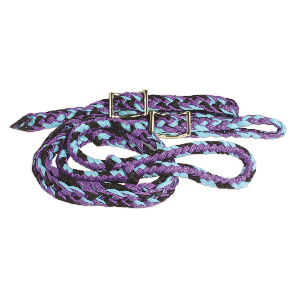 Professional Choice Braided Barrel Rein. A flat braided barrel rein with brass plated Conway buckle, featuring rounded hand grips and markers in purple and blue colors.