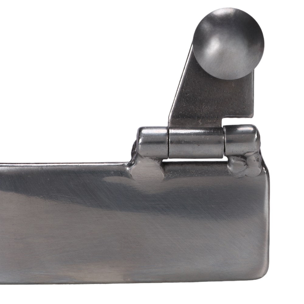 Close-up of a metallic silver metal hinge or latch mechanism with a round ball finial on a plain white background.