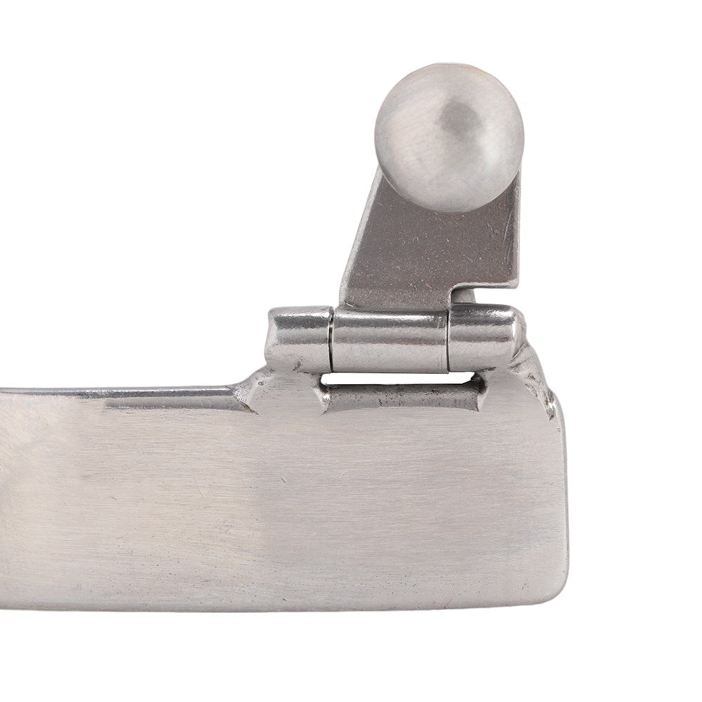 Close-up of a brushed metal accessory with a hinge, rectangular flat section, and a round silver ball on a plain white background.