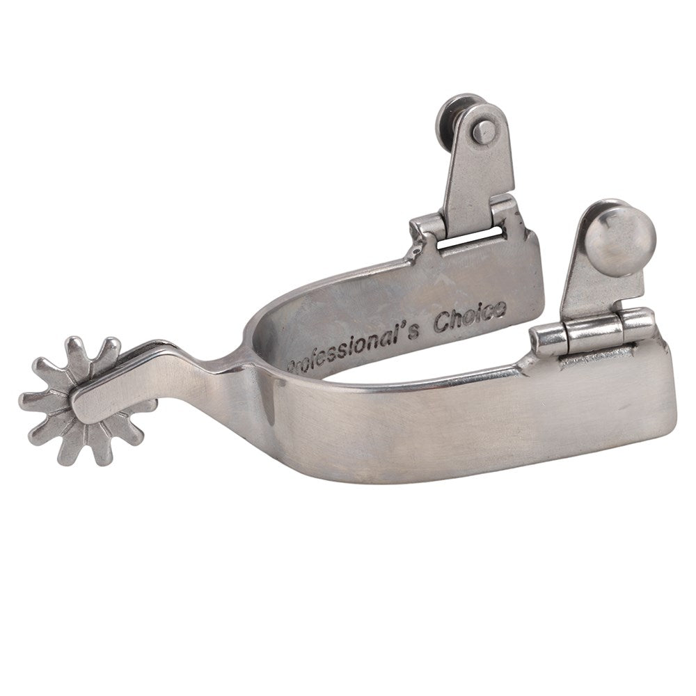 A stainless steel cowboy spur with a polished finish, featuring the engraved text 'professional's Choice' on the inner band, set against a plain white background.