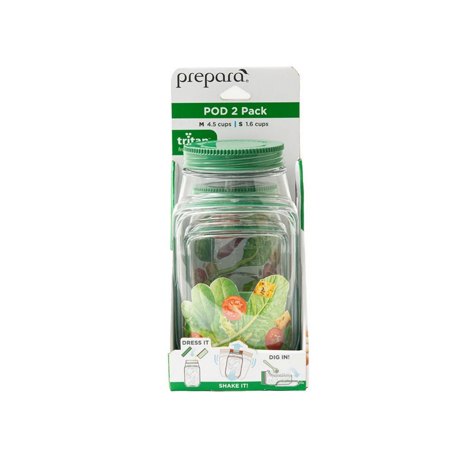 A packaged set of two green-trimmed clear glass food pods with printed salad graphics, shown on a white background. The packaging reads 'prepara POD 2 Pack' and shows the Tritan brand.