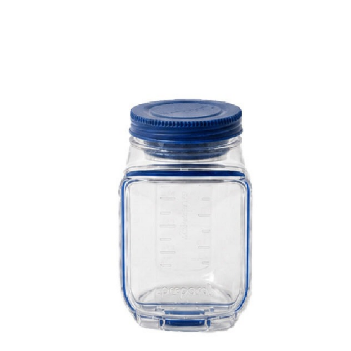 A clear plastic square jar with a blue screw-on lid, featuring embossed measurement markings on the front, isolated on a white background.